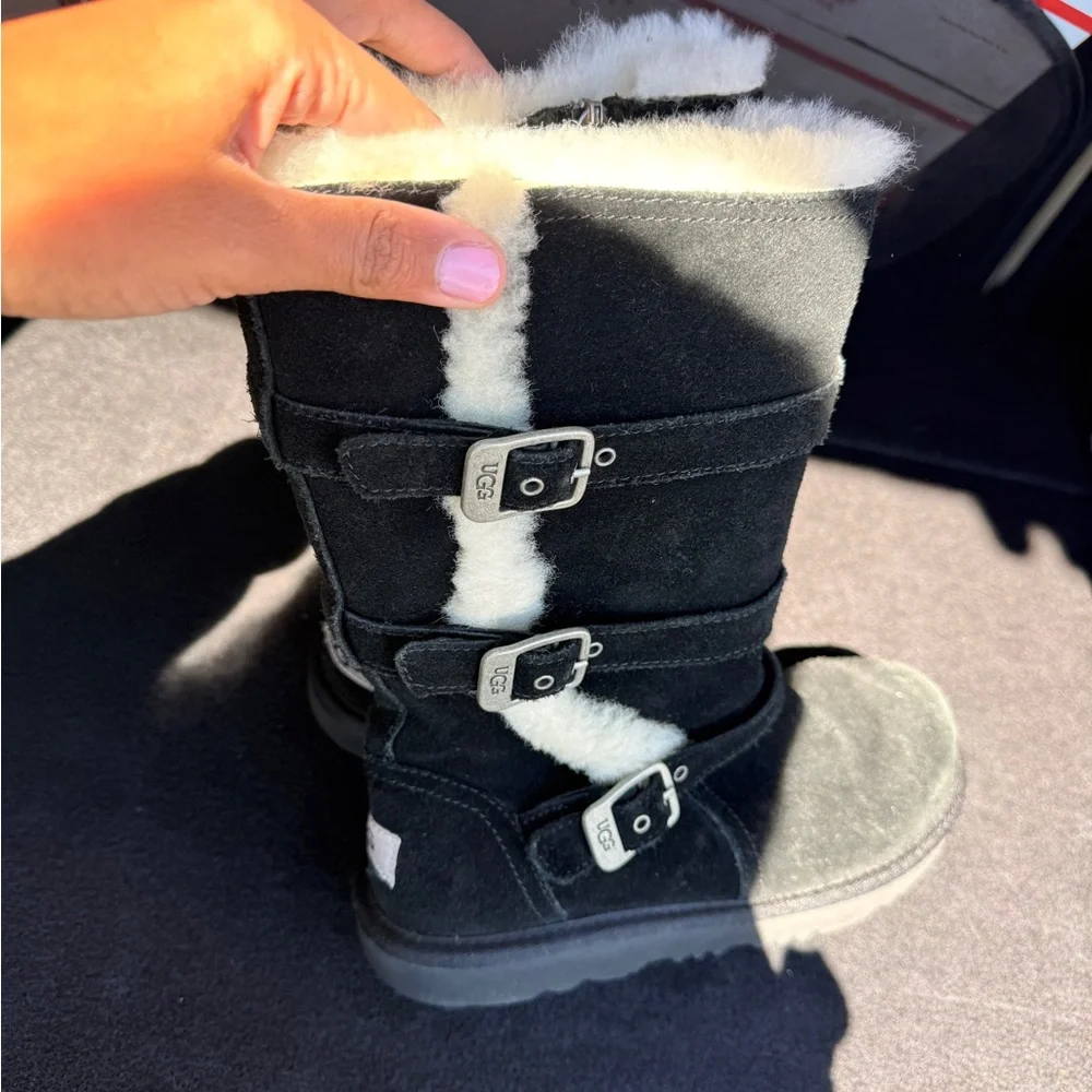 UGG Black Suede Boots with Buckle Accents